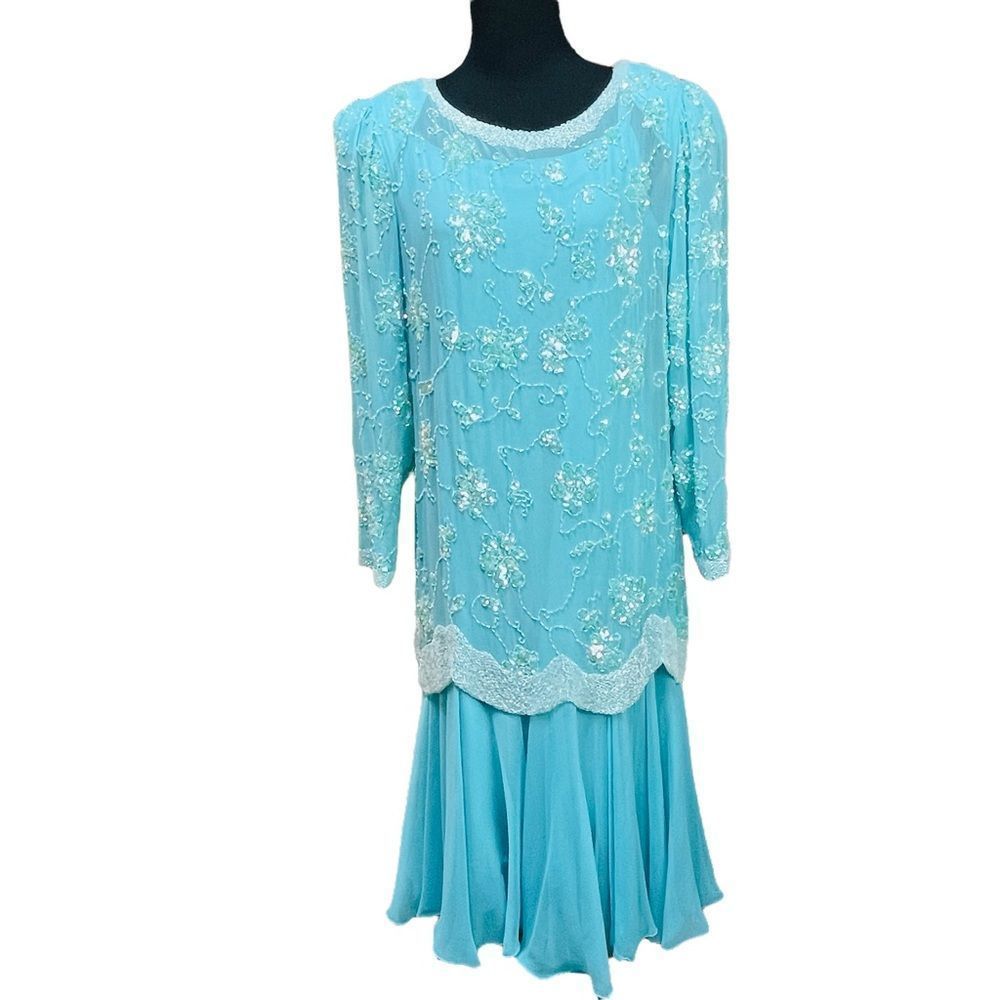 Vintage 70’s Light Blue 100% Silk Formal Dress 2 Piece Slip & Long Beade…